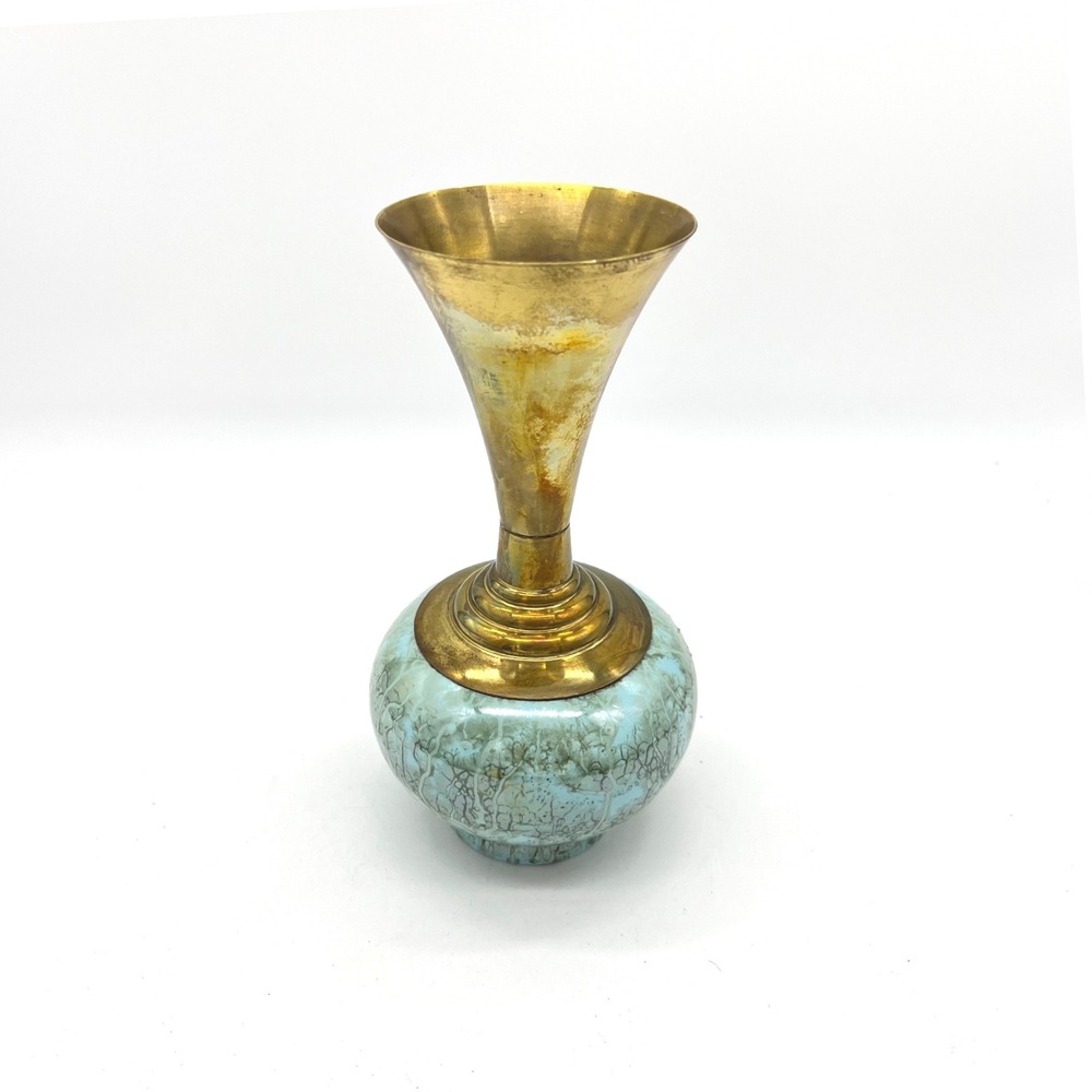 Vintage Holland Turquoise Crackle Ceramic and Brass Flared Bud Vase MCM